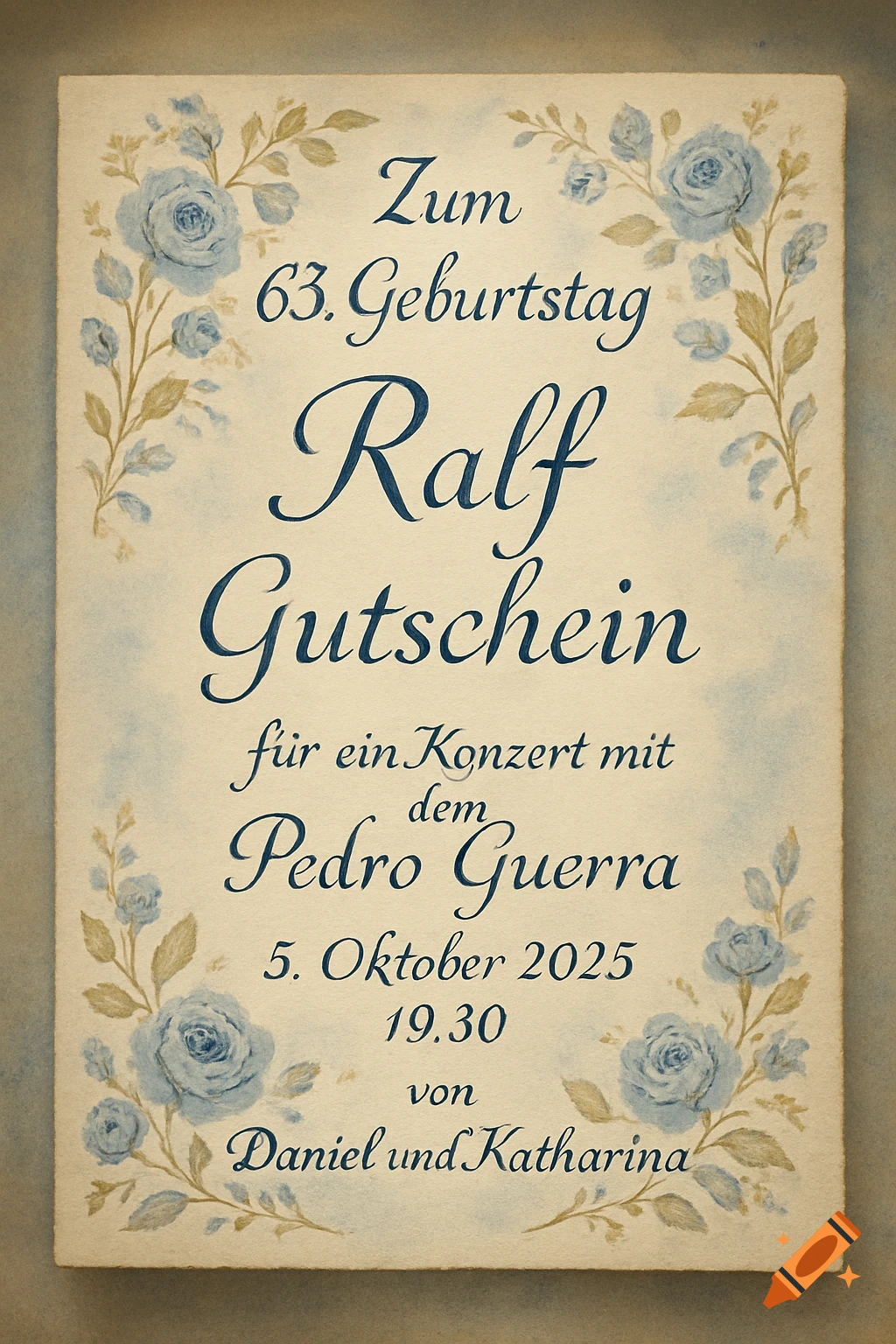 Watercolor birthday voucher with blue roses and green leaves, detailing a concert gift for Ralf from Daniel and Katharina.