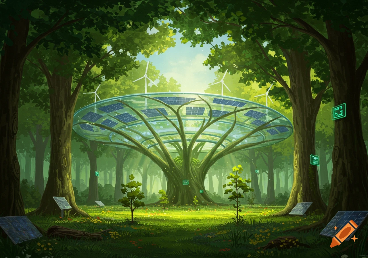 Illustrative scene of a lush green forest featuring a futuristic tree with solar panels, ground solar panels, and wind turbines.