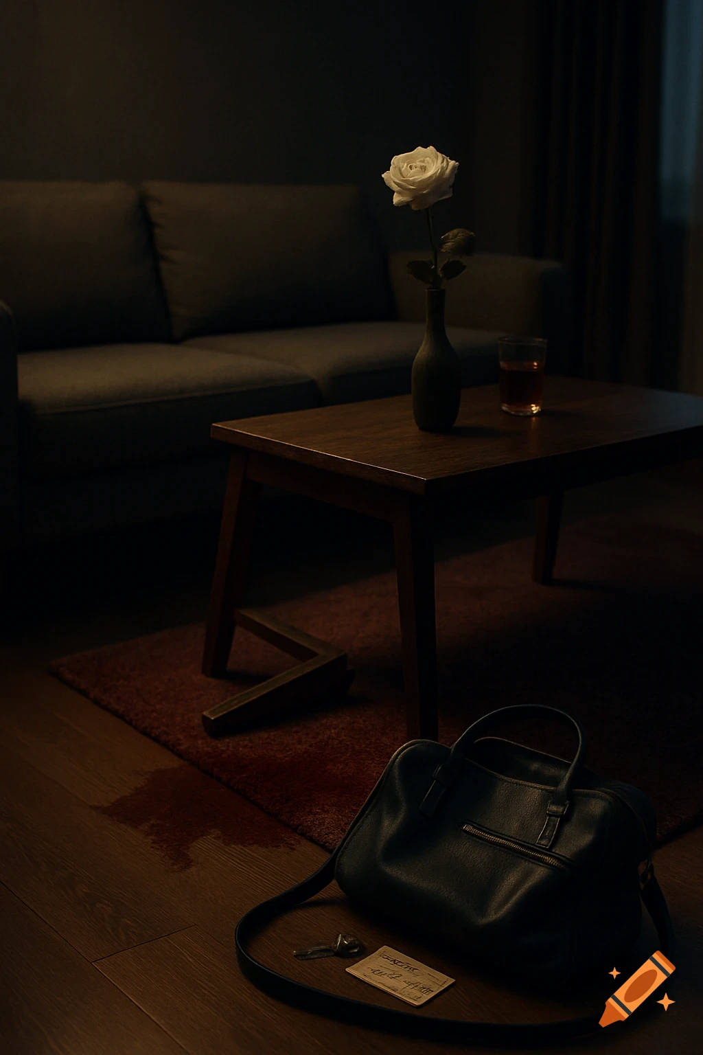 A dim, cinematic shot of a living room at night with a broken wooden table, a white rose, a dark handbag, keys, and a subtle red stain on the rug.