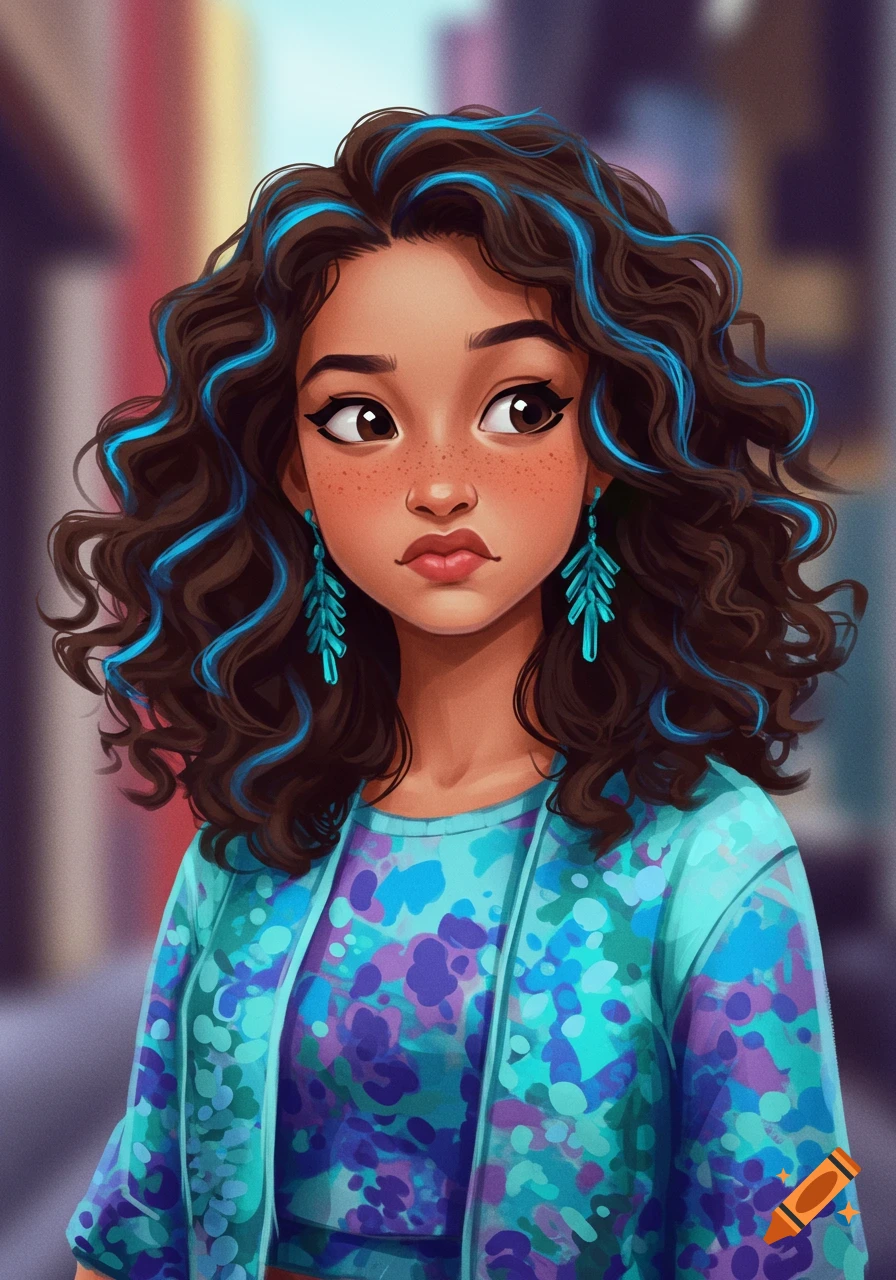 A stylized cartoon girl with brown curly hair and blue highlights, wearing teal earrings and a blue and purple patterned top.