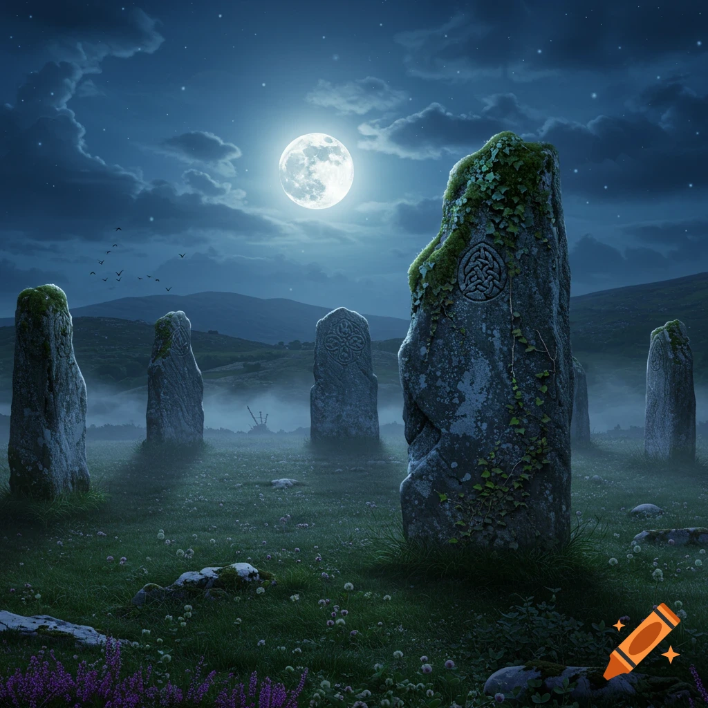 Moonlit landscape with ancient moss-covered Celtic standing stones, some with carvings, under a cloudy night sky with a bright full moon.