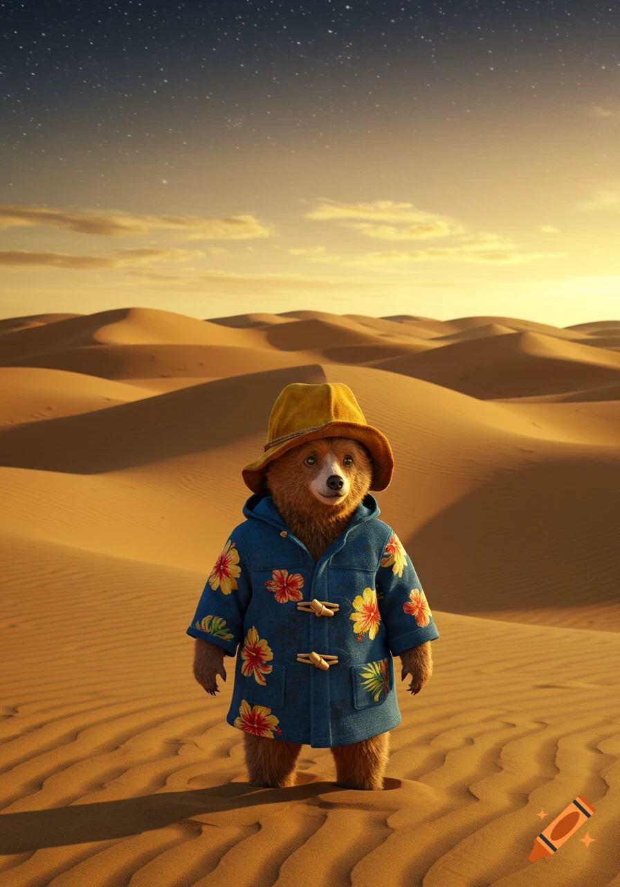 A photorealistic Paddington Bear wearing a blue flowered coat and a hat stands in a vast, sandy desert at sunset under a starry sky.