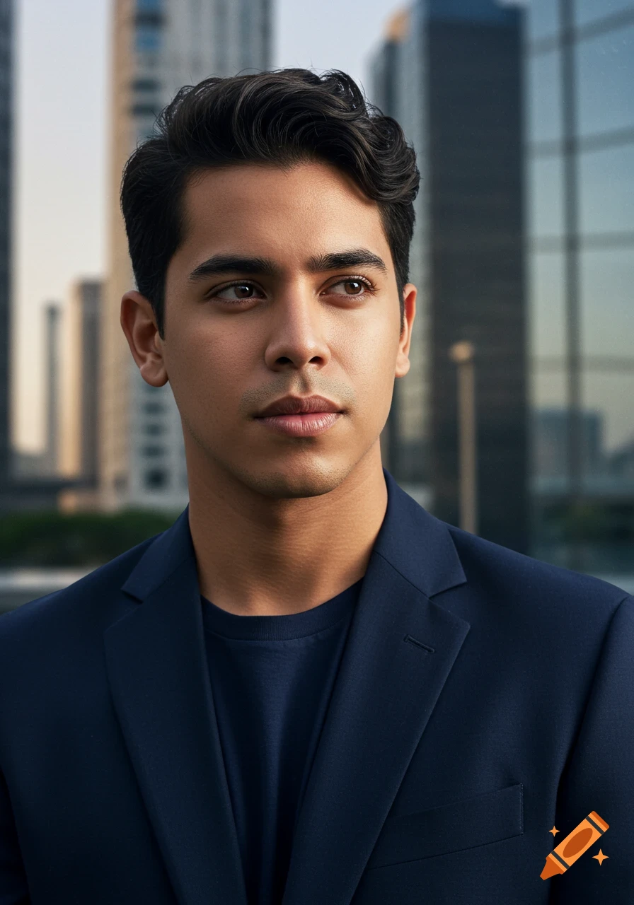 A photorealistic portrait of a young man with dark, wavy hair, wearing a navy blue suit jacket and t-shirt, looking right with a cityscape background.
