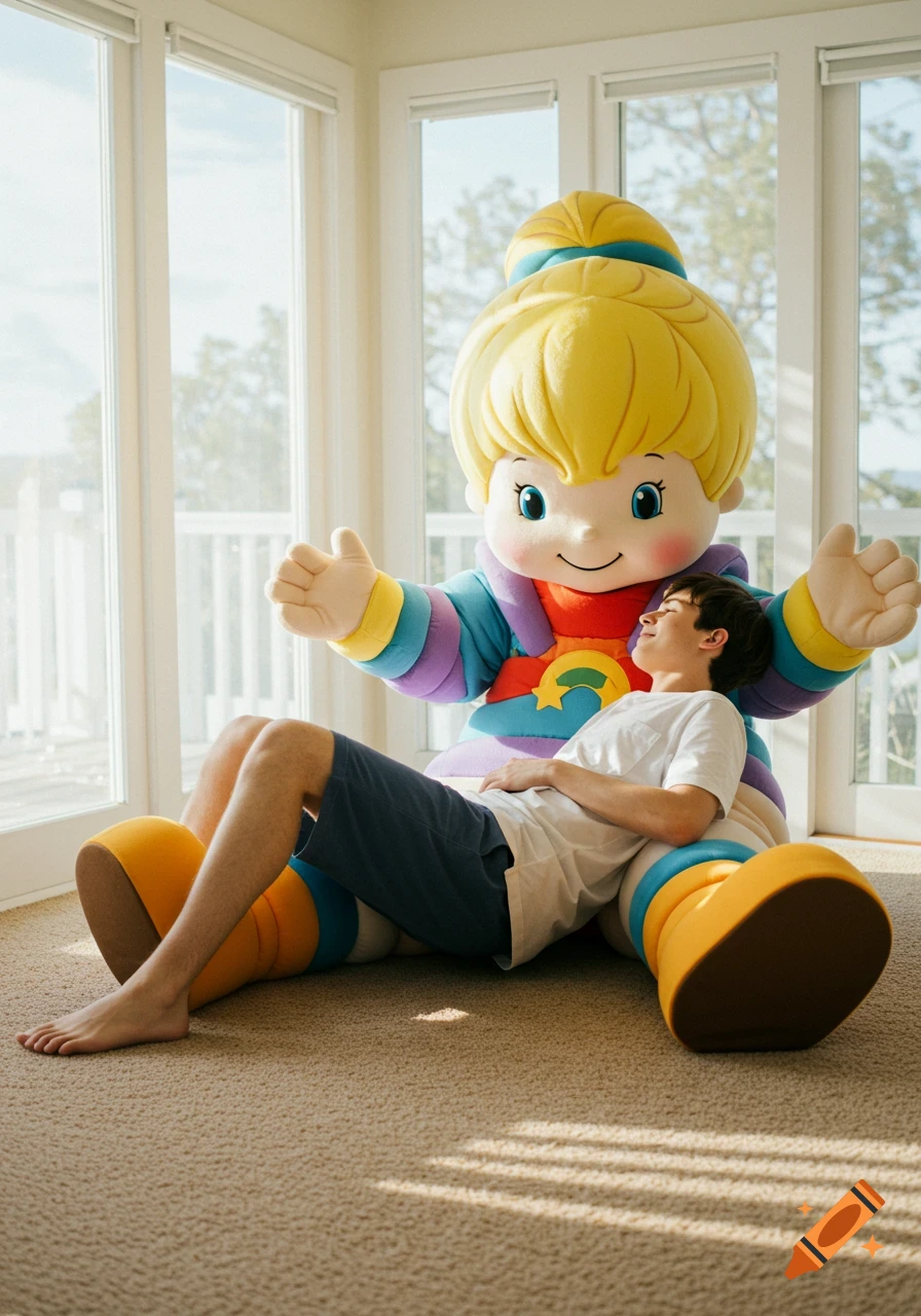 A young man sits on the lap of a large Rainbow Brite mascot in a bright, sunlit room.
