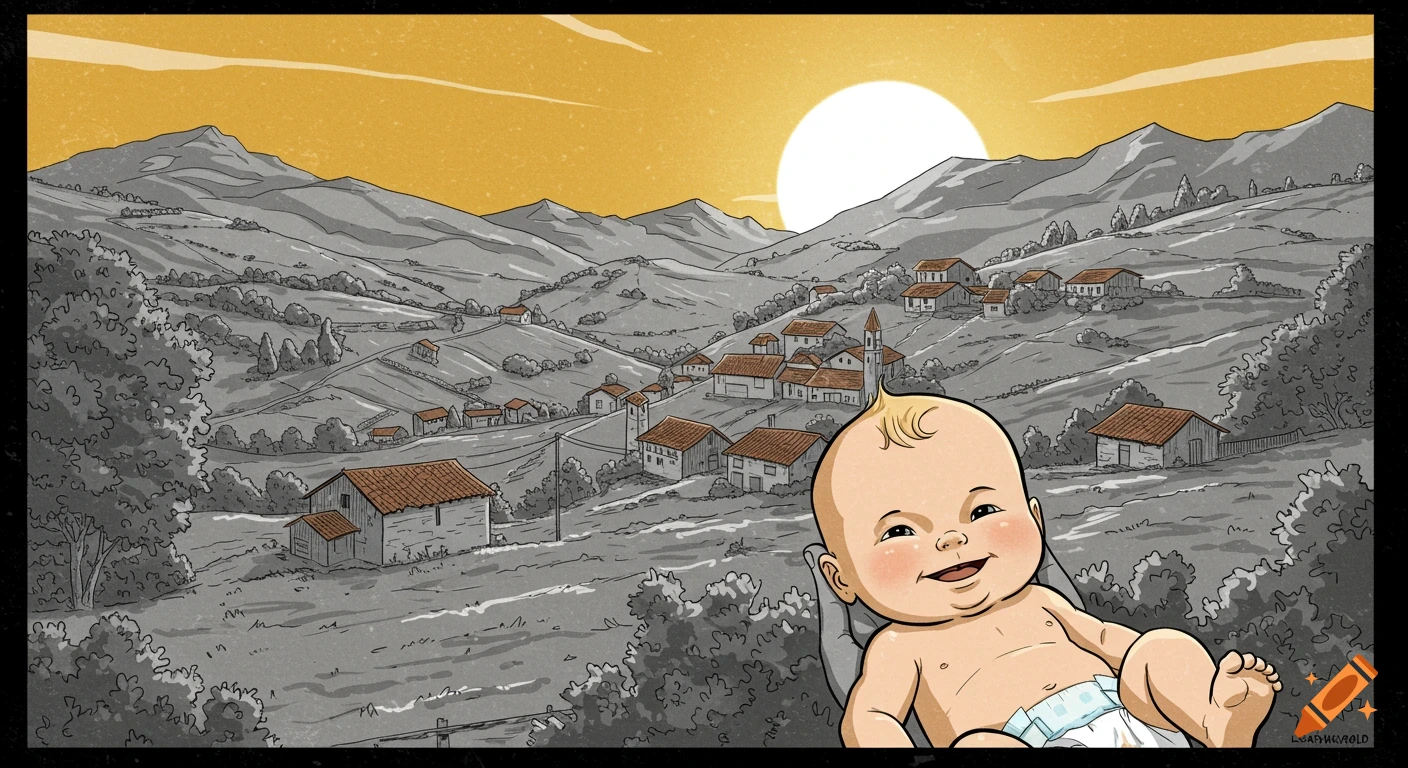 Comic-book illustration of a smiling baby in diapers, with a stylized grey and yellow mountain landscape and village at sunset.