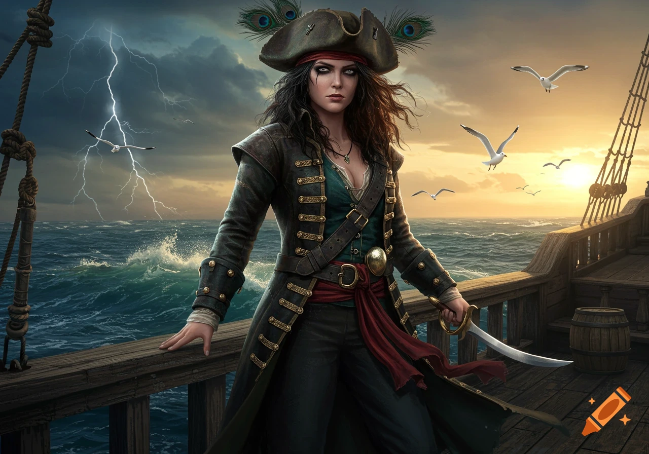 A fierce female pirate in a tricorn hat with peacock feathers, holding a cutlass on a ship deck with a stormy sea and sunset.
