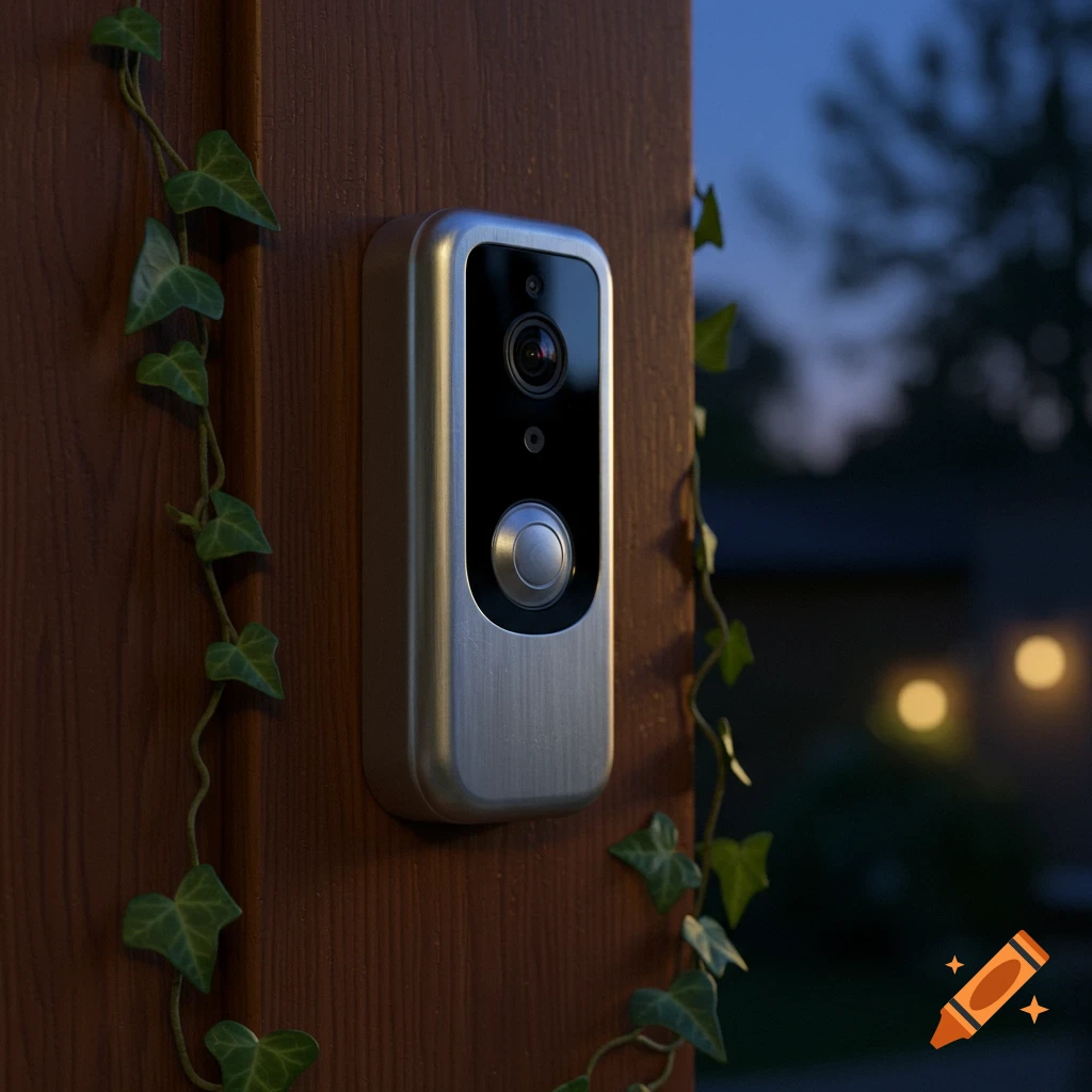 A modern silver and black doorbell camera mounted on a wooden door, framed by ivy, at dusk with blurred background lights.