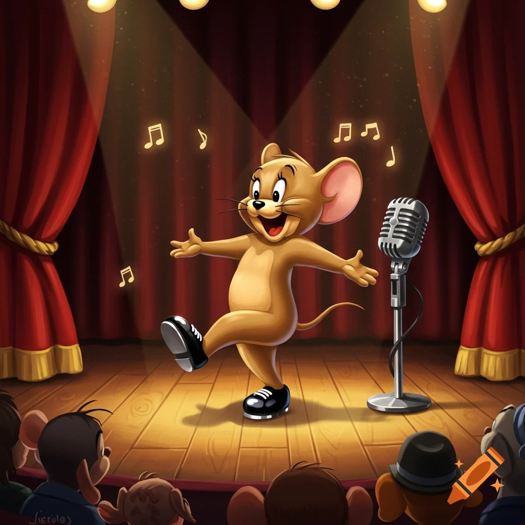 Jerry Mouse tap dancing on a spotlighted stage with red curtains and a microphone, as musical notes float around, in a cartoon style.