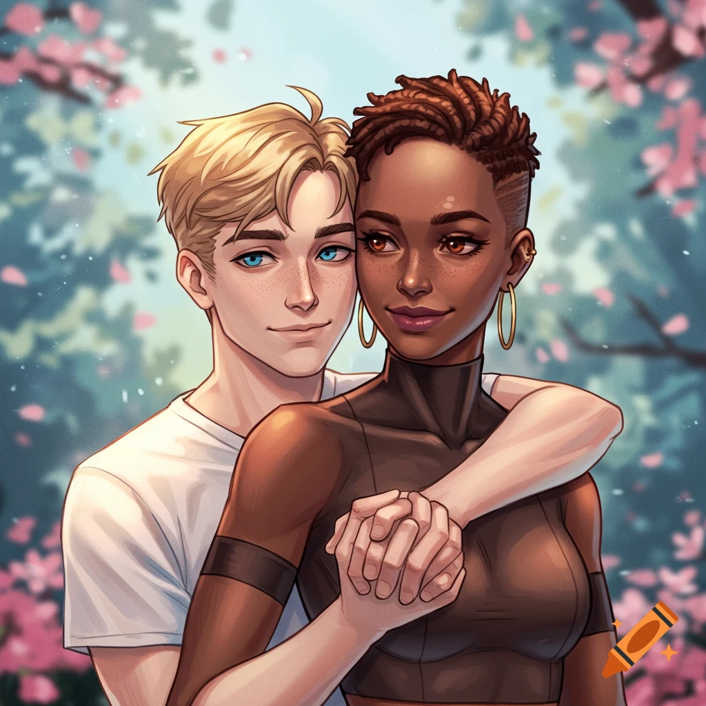 A digital illustration of a diverse couple embracing, a blonde man with blue eyes hugging a dark-skinned woman with dreadlocks, set in a soft, cherry blossom-filled garden.