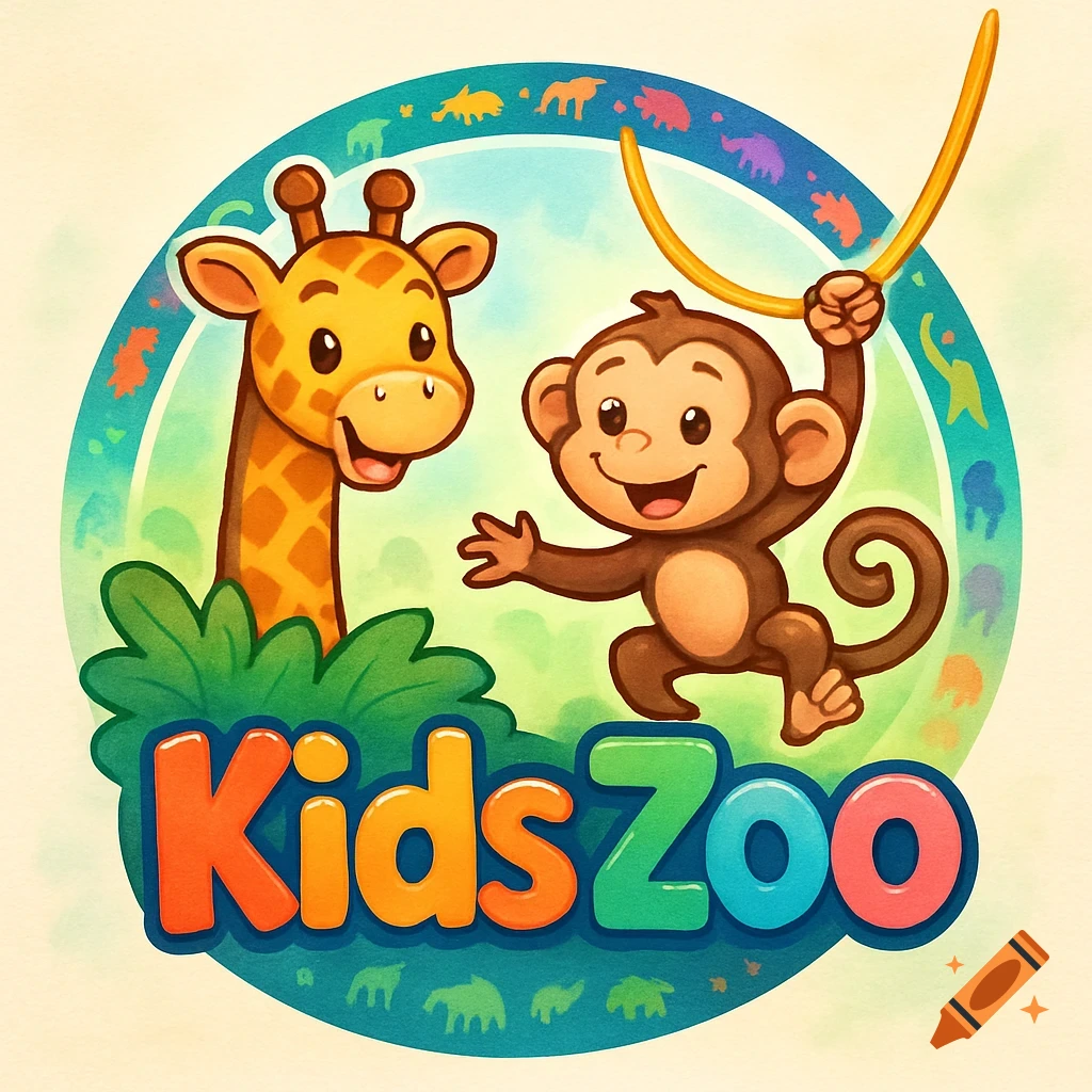 Colorful cartoon logo with a happy giraffe and monkey, featuring the text 'Kids Zoo'.