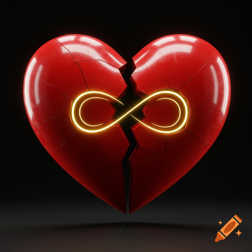 A cracked red heart with a glowing yellow infinity symbol in the center, against a dark background, in a 3D rendered style.