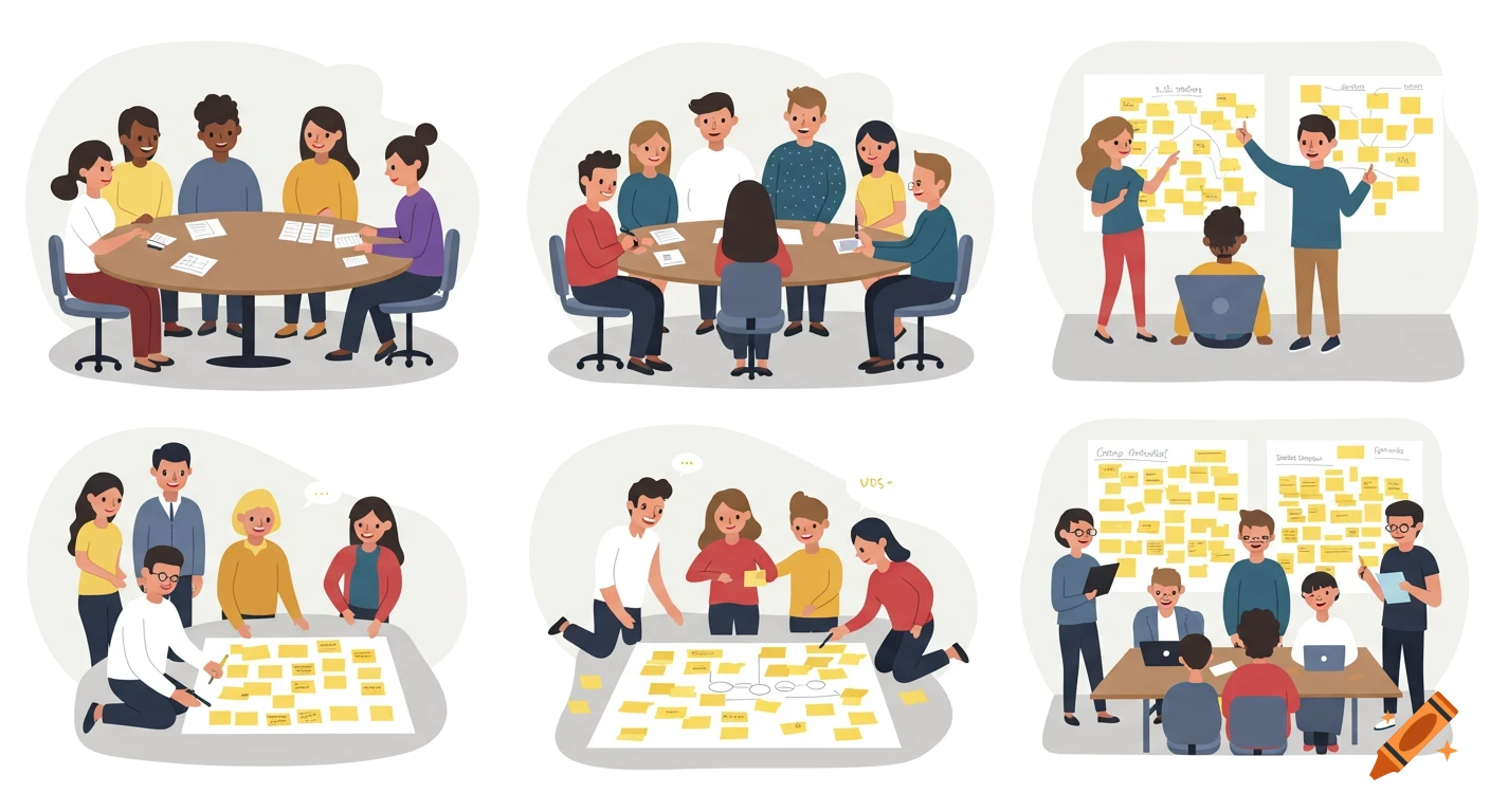 Cartoon illustrations of diverse groups of people collaborating in meetings, brainstorming with sticky notes on tables and whiteboards.
