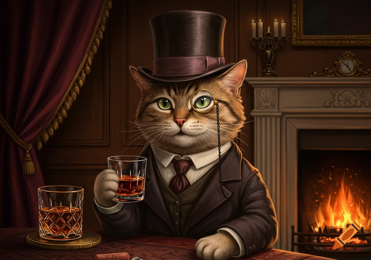 An aristocratic tabby cat in a top hat and monocle holds a glass of whisky in a dimly lit Victorian study by a fireplace.