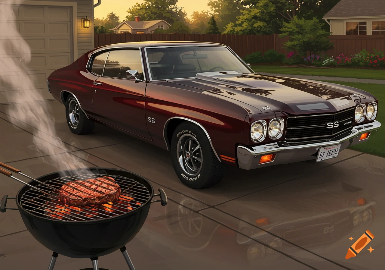 A cherry black 1970 Super Sport Chevelle parked on a driveway with a steak grilling on a barbecue in a digital painting.