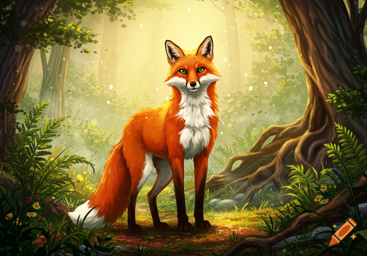 A stylized orange fox with white markings and green eyes stands in a lush, sunlit green forest.