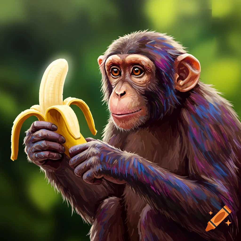 An illustrative monkey with dark fur holds and peels a bright yellow banana against a blurred green background.