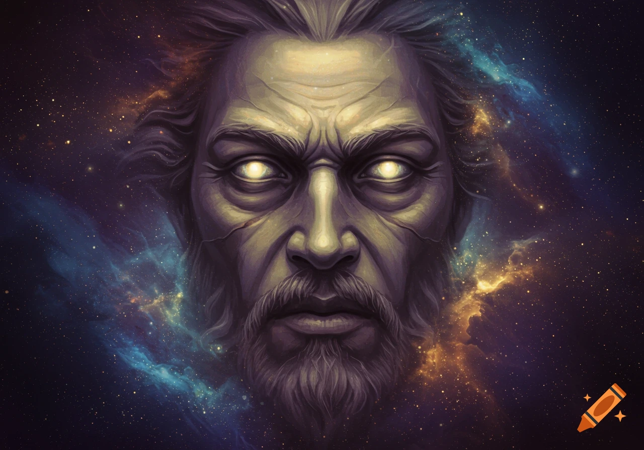 Stylized portrait of an old man with glowing eyes and a beard, against a backdrop of a nebula and stars.