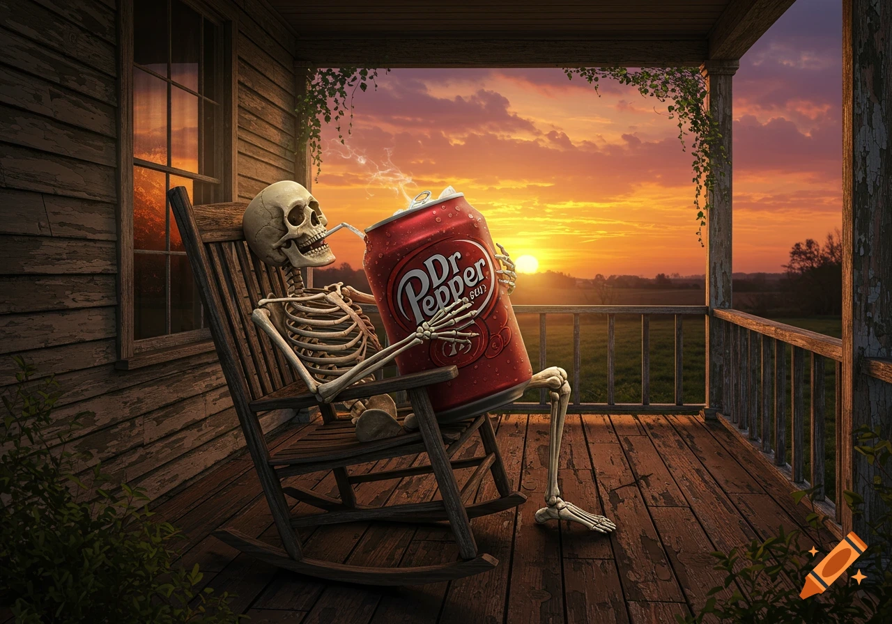 A grinning skeleton in a rocking chair on a porch sips from a giant Dr Pepper can during a vibrant sunset over fields.