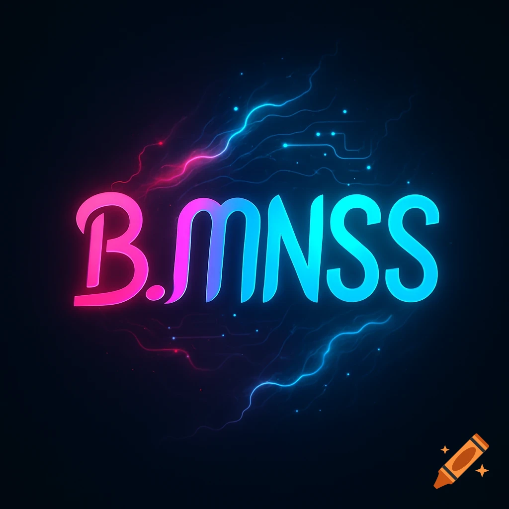Neon pink and blue letters 'B.MNSS' with glowing circuit lines on a dark, futuristic background.