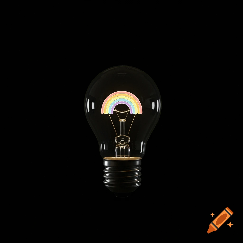 A single lightbulb with a colorful arched rainbow inside, emitting a faint glow on a black background.