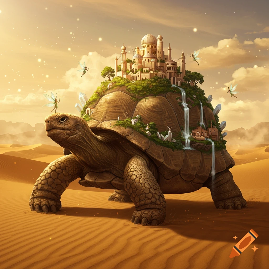 A colossal tortoise with a magical city and waterfalls on its shell, walking through a golden desert with flying fairies.