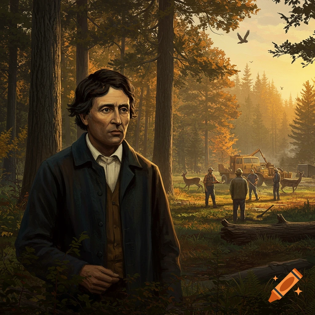 A man resembling Henry David Thoreau stands in a sunlit forest, watching loggers and deer in the background near a yellow truck.