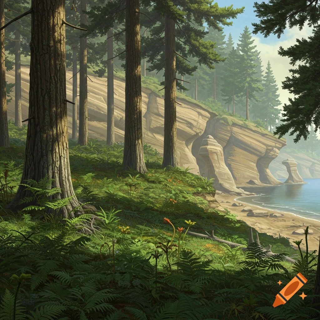 Lush prehistoric forest of conifers and ferns slopes to a sandy beach with layered sandstone cliffs beside a calm sea.