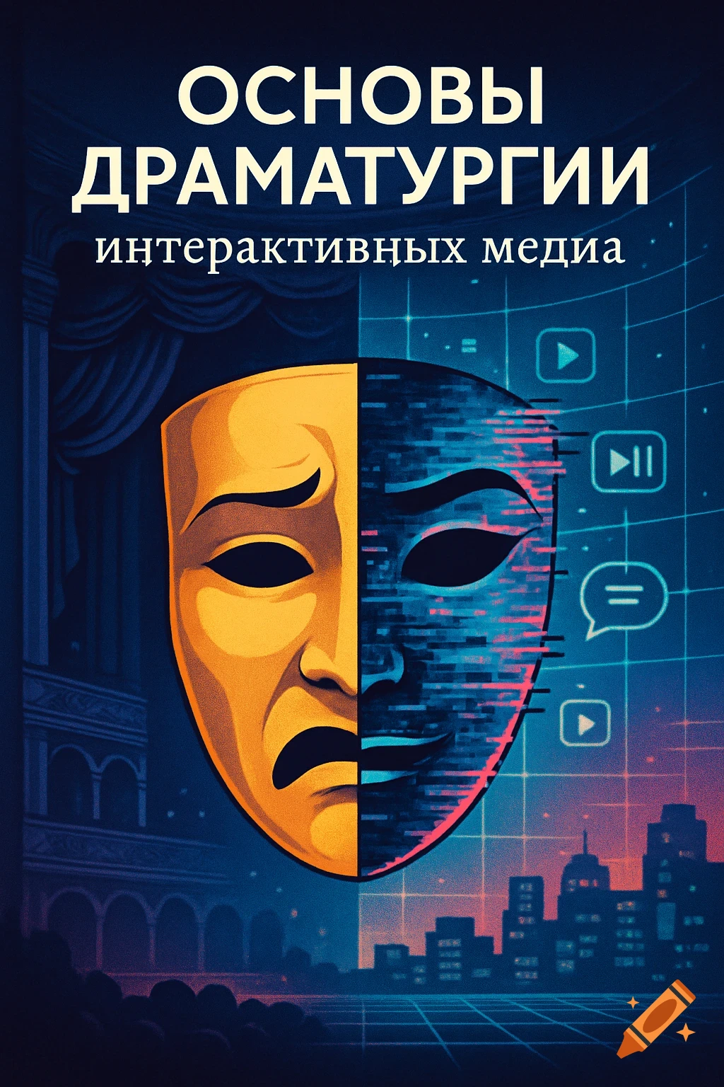 Book cover with a split mask (half tragic, half glitchy digital) over a theater stage and a city grid, with Russian title text.