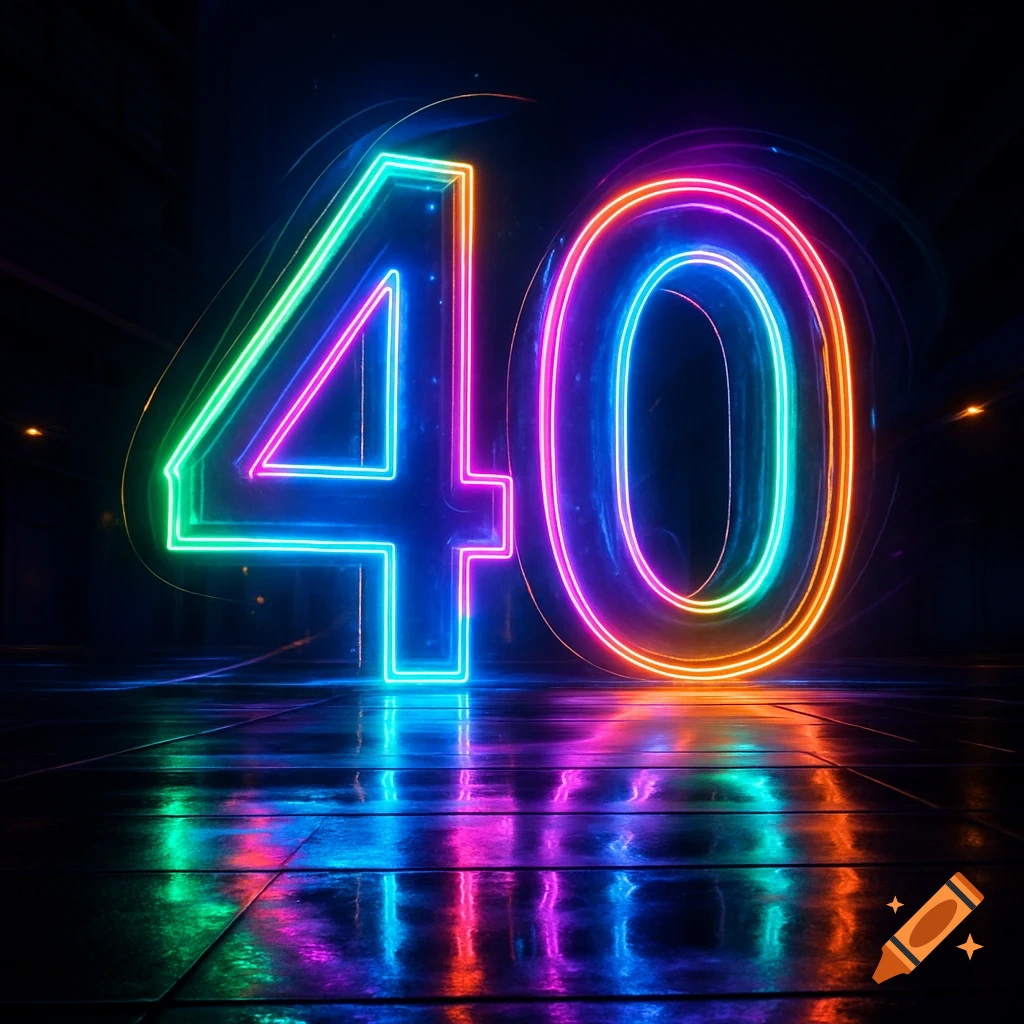 Vibrant neon number 40 glowing with multicolored light, reflected on a dark, wet floor.