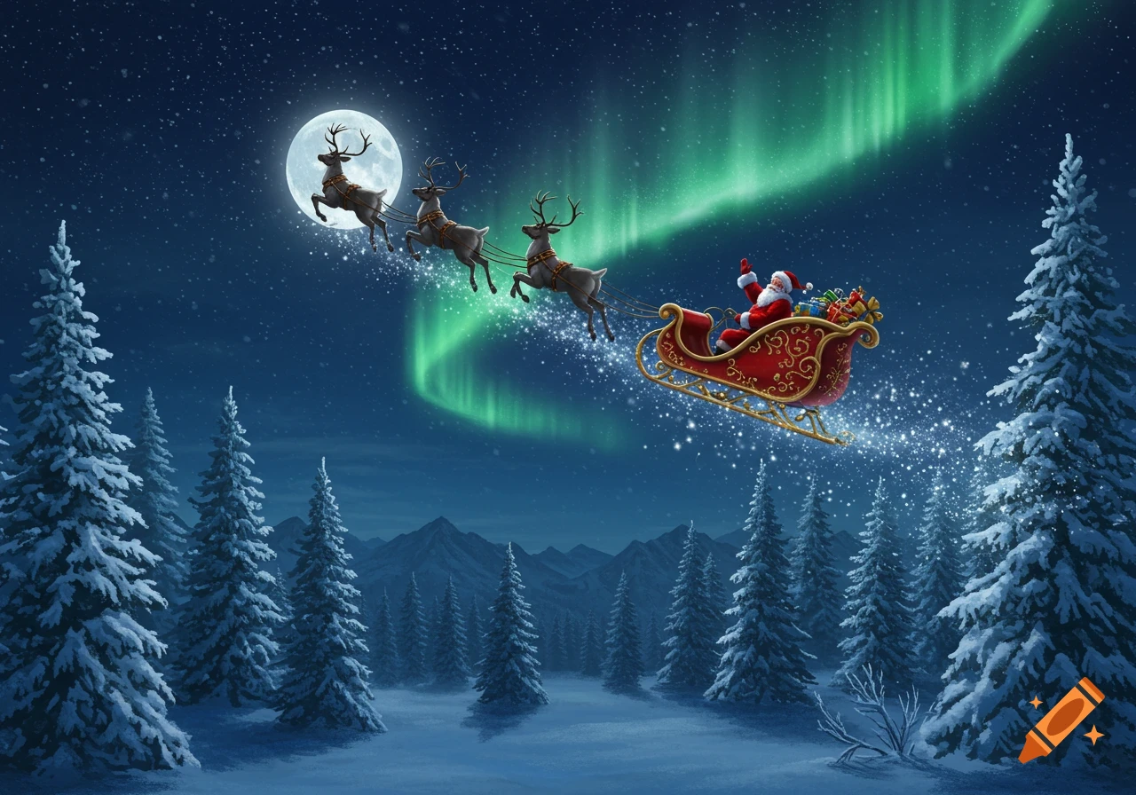 Illustrated Santa Claus and reindeer flying sleigh under a full moon and green Northern Lights above a snowy forest.