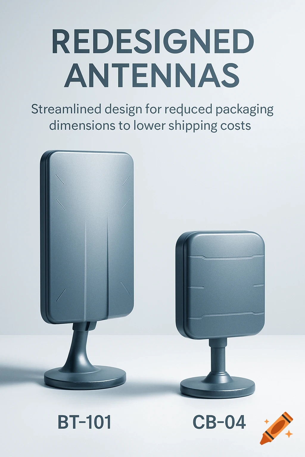 Photorealistic promotional shot of two redesigned gray antennas, models BT-101 and CB-04, with text about reduced packaging dimensions.