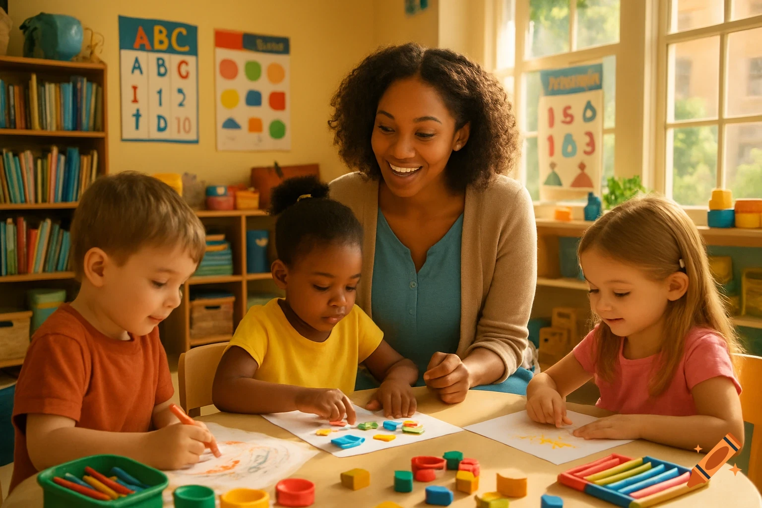 A smiling teacher helps three young children with art and learning activities at a table in a sunny classroom.