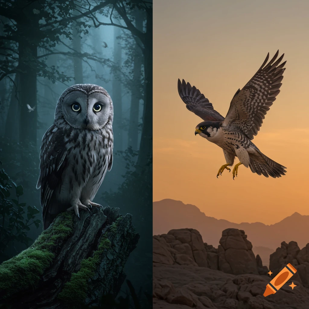A split image: a photorealistic owl perches in a misty forest, and a falcon flies over rocky mountains at sunset.