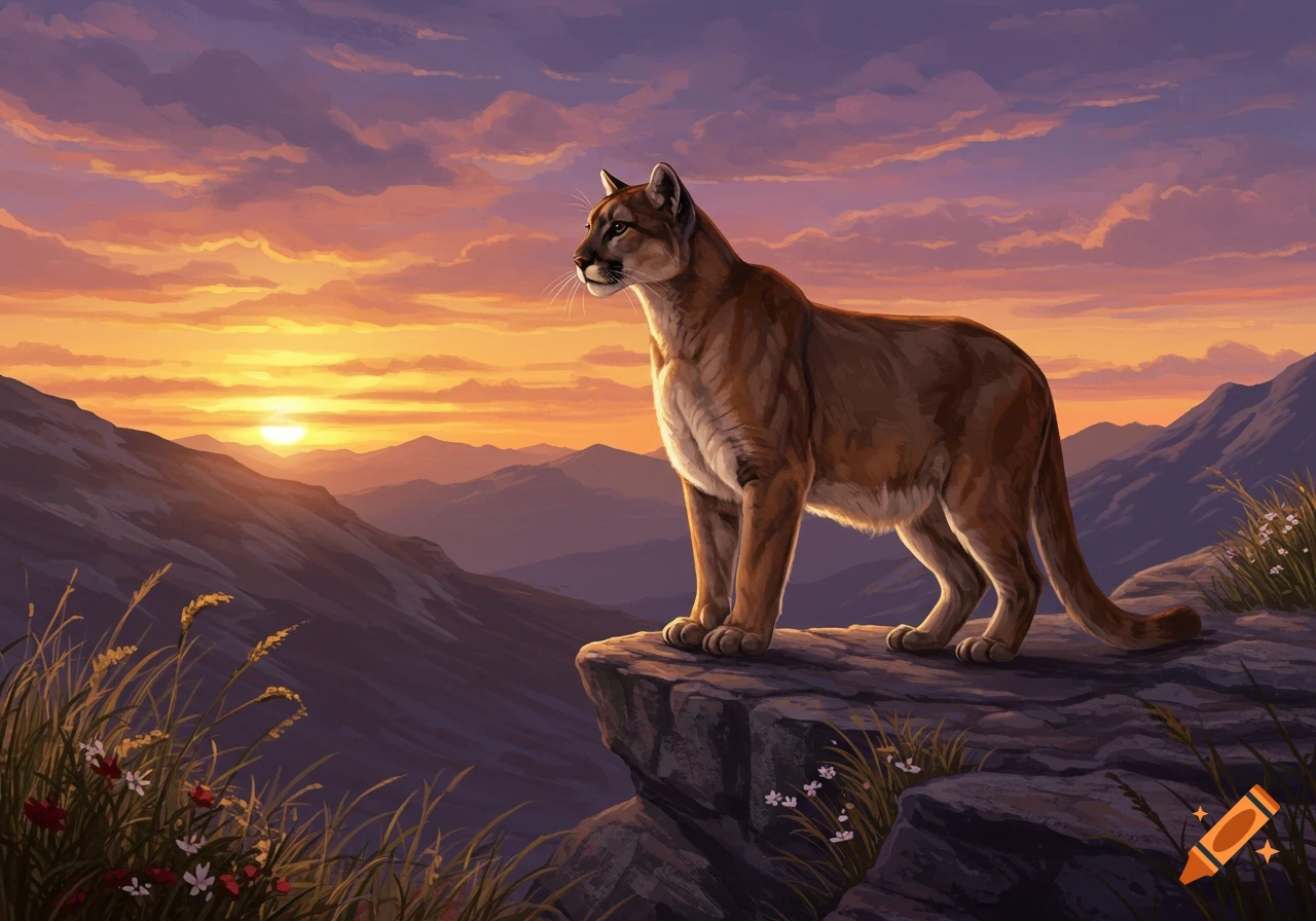 A majestic puma stands on a rocky cliff overlooking a mountain range at sunset, with an orange and purple sky.