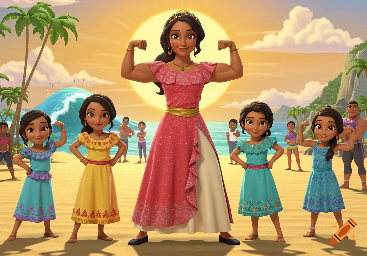 A strong animated woman in a red dress flexes with four children on a sunny beach, surrounded by other people and palm trees.
