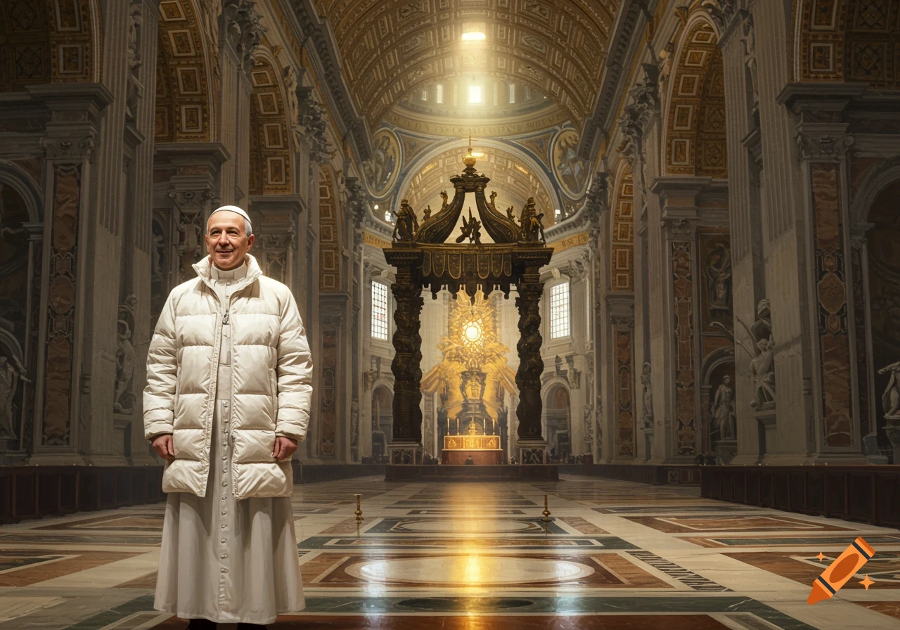A photorealistic image of a man resembling the Pope wearing a white puffer jacket and cassock, standing in a grand, ornate church.