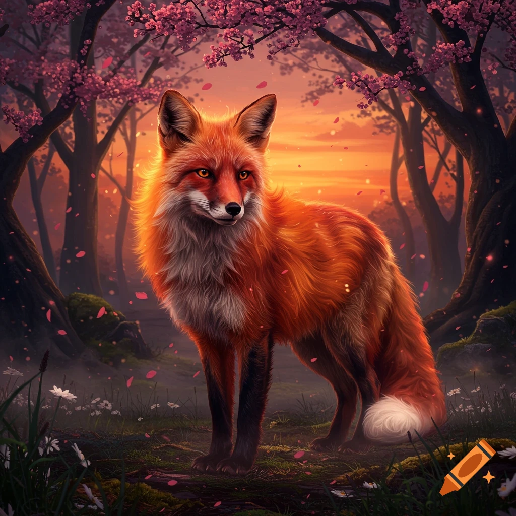 A vibrant red fox stands in a mystical forest with pink cherry blossoms and a golden sunset.