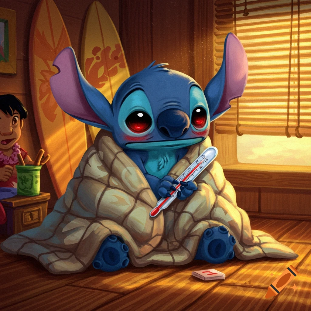 A sick blue alien creature, Stitch, sits under a blanket with red eyes, holding a thermometer, while Lilo is in the background. Cartoon style.