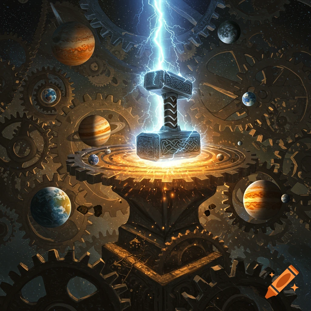 Mjolnir hammer struck by lightning, surrounded by planets orbiting intricate gears in a cosmic fantasy setting.