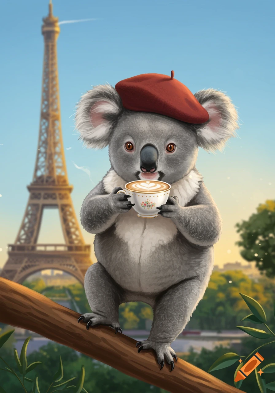 A cute koala wearing a red beret sips a cappuccino on a branch, with the Eiffel Tower in the background, illustration.