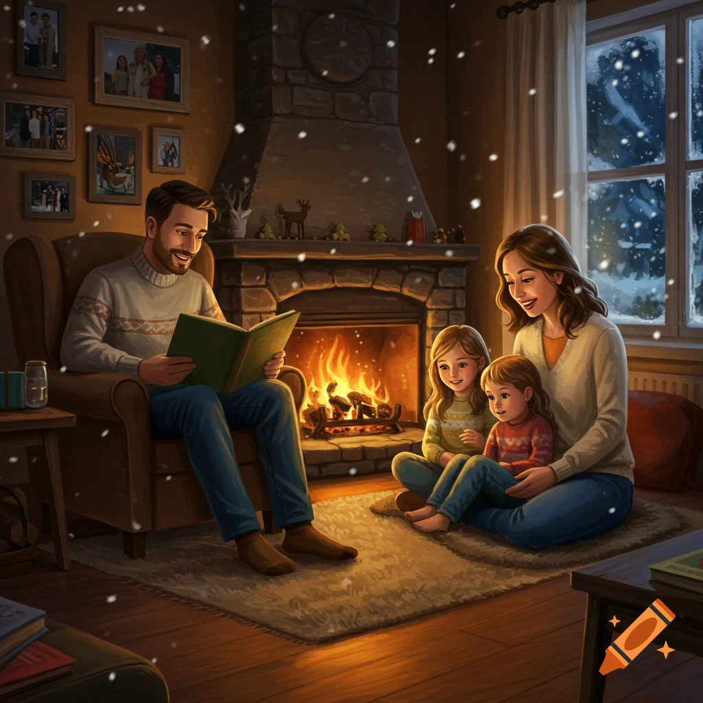 A cozy family sits by a fireplace with snow falling outside, father reads a book to his wife and two daughters.