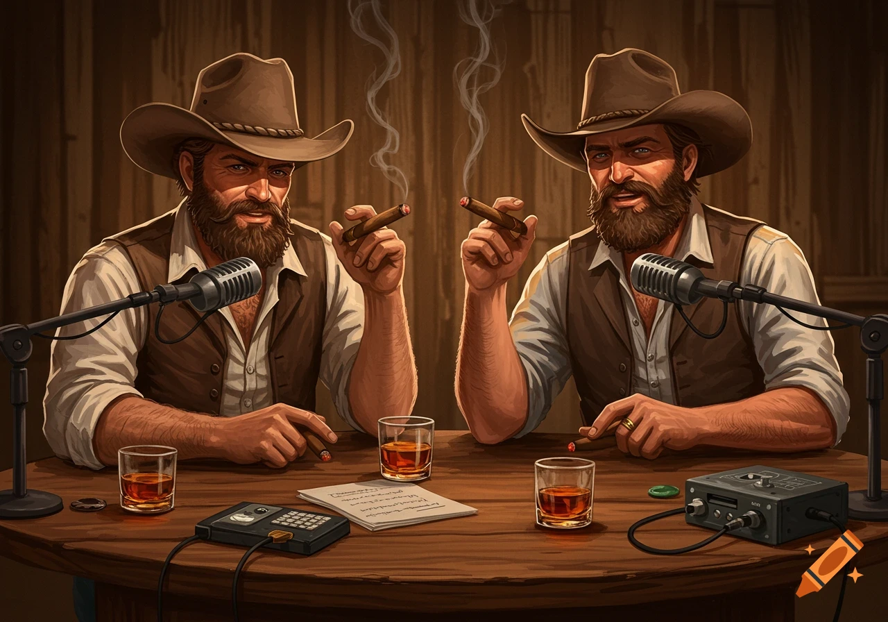 Two bearded cowboys in hats smoke cigars, drink whiskey, and sit at a table with microphones, appearing to host a podcast. Stylized digital art.