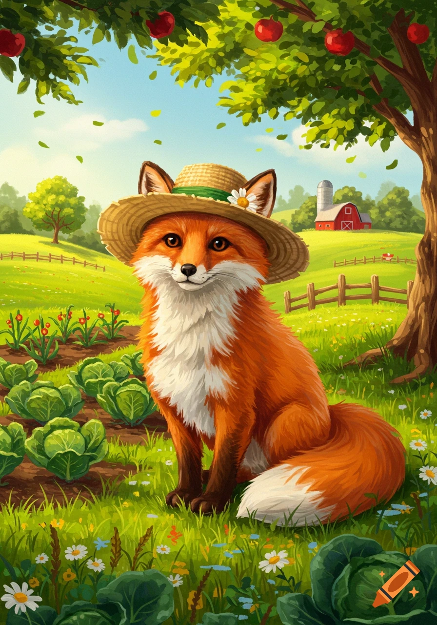 A cute cartoon fox in a straw hat sits in a vibrant farm field with cabbage, berries, and a red barn in the background.