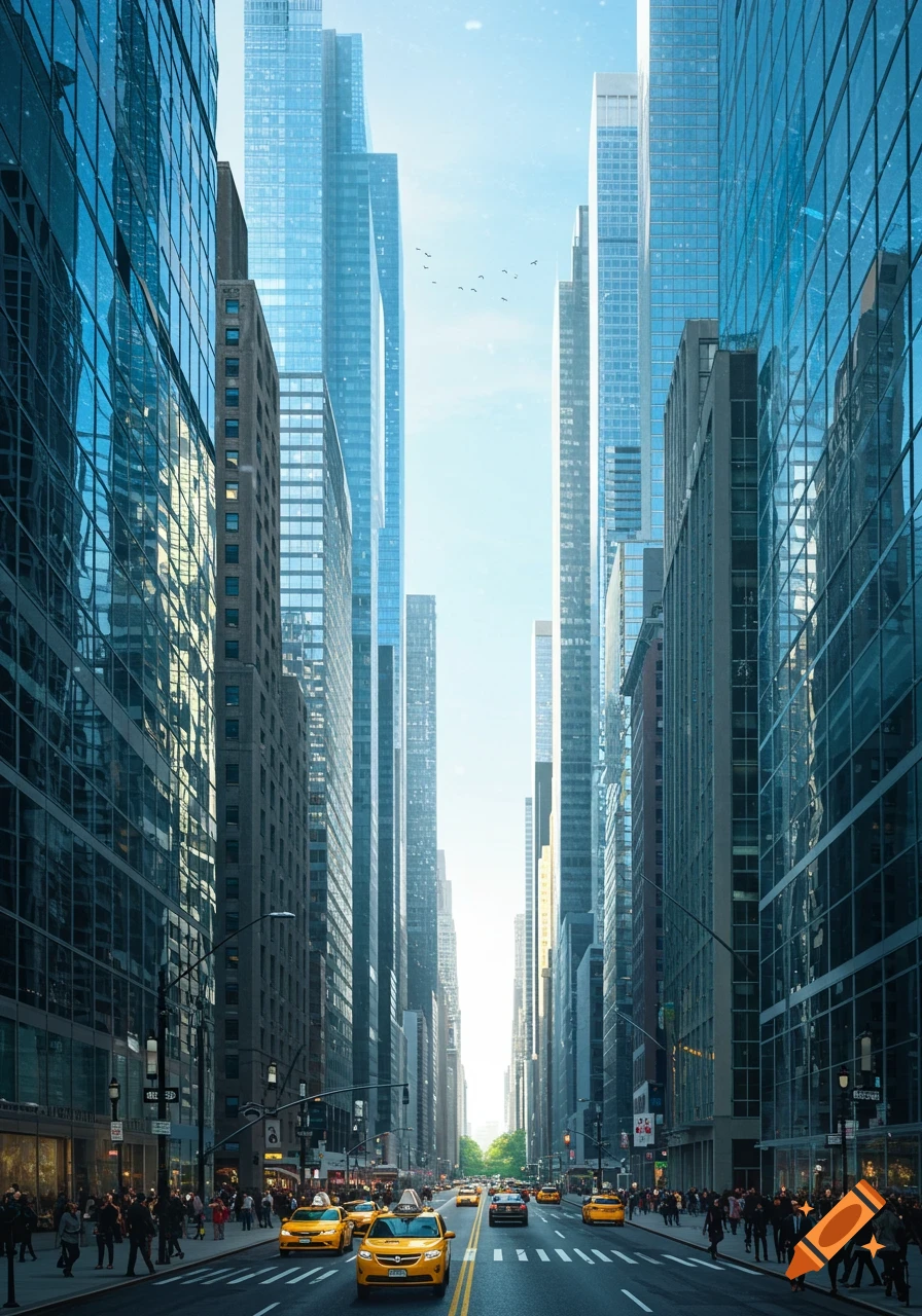 A vibrant, vertical shot down a bustling Manhattan street, lined with towering glass and stone skyscrapers under a bright sky. Yellow taxis fill the street.