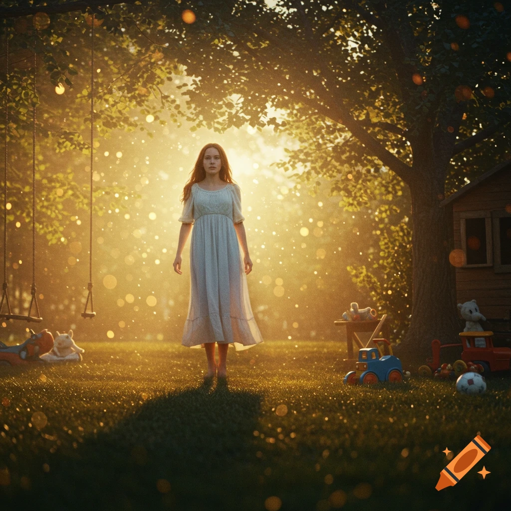 A young woman stands in a sun-dappled, golden-lit dreamlike garden with swings, a treehouse, and toys.