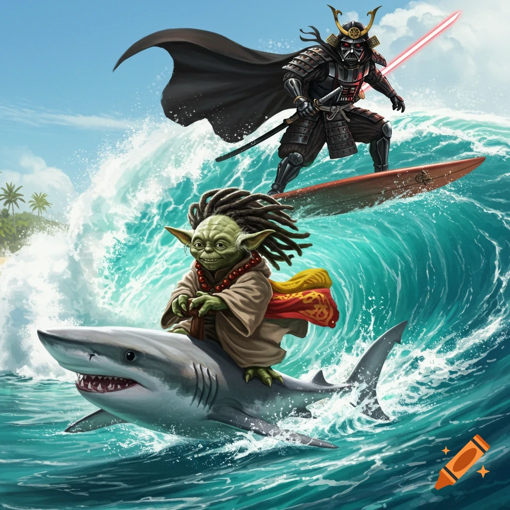 Jamaican Yoda rides a shark on a large wave, chased by Japanese Darth Vader surfing behind him.