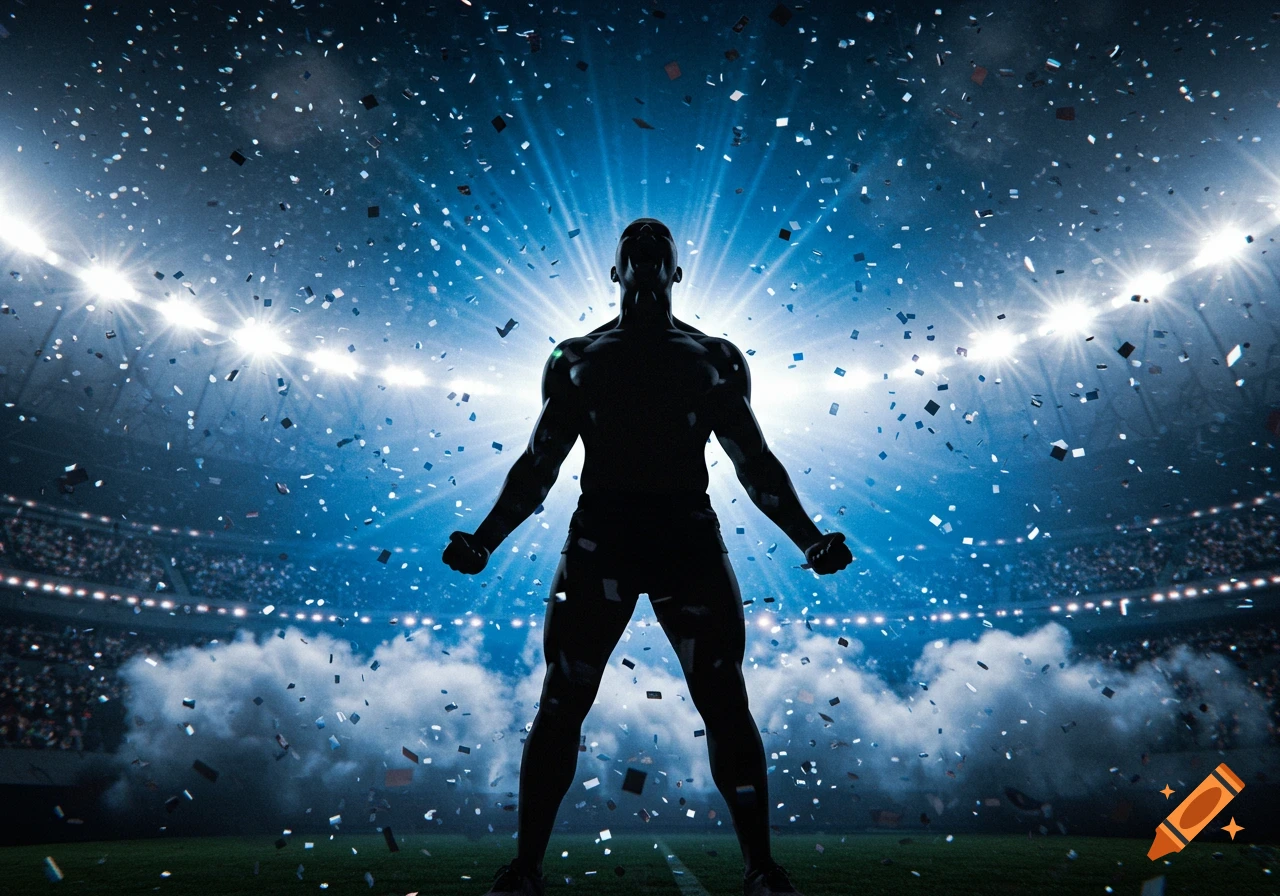 Silhouetted athlete celebrating in a stadium, surrounded by confetti and dramatic spotlights.