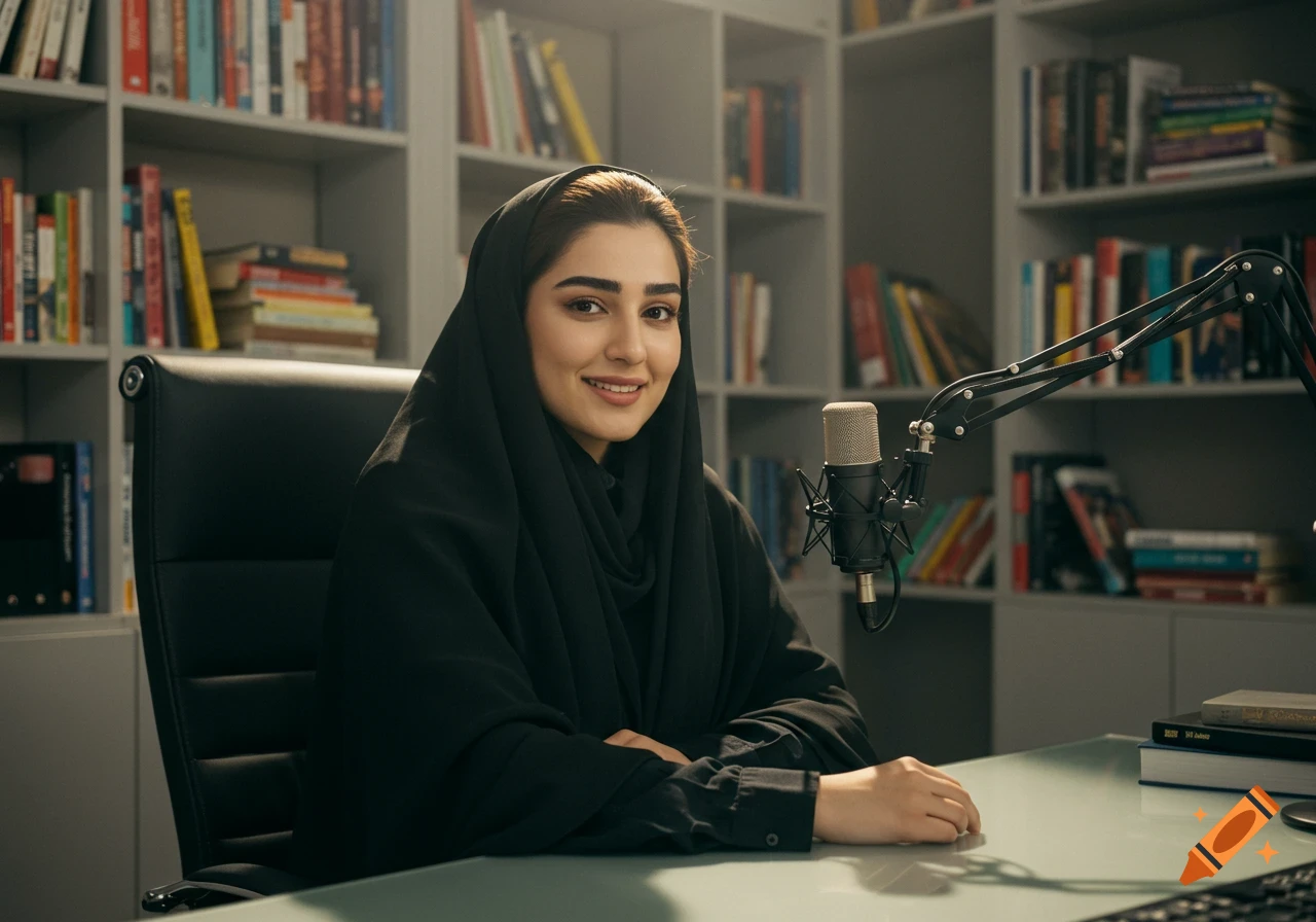 A young Iranian woman in a black chador smiles, sitting at a desk with a microphone in a photorealistic studio with bookshelves.