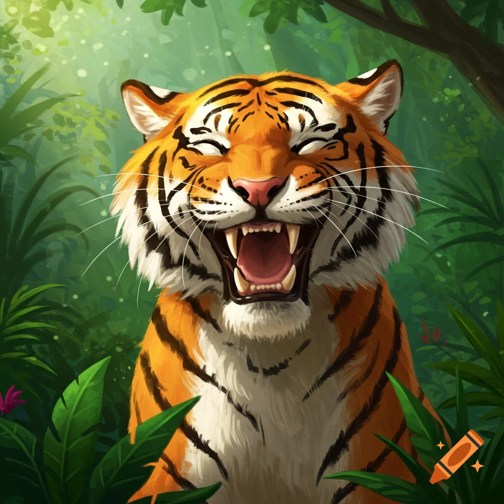 Cartoon tiger with eyes closed, mouth open wide, laughing joyfully in a vibrant green jungle setting.