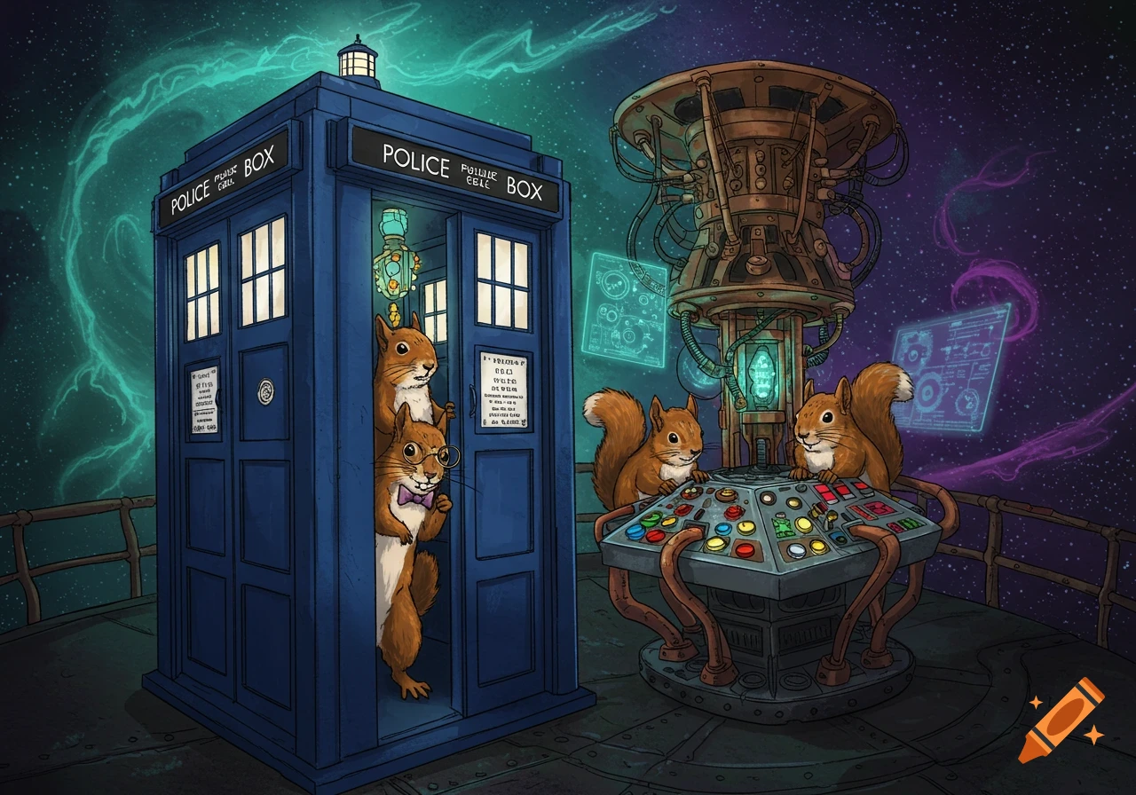 Cartoon squirrels pilot the TARDIS control panel in a space scene with a nebulous sky.